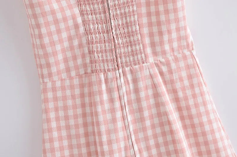 LIZAKOSHT  -  Retro French Pink Gingham Plaid Print Sling Dress Sexy Summer Woman Backless Spaghetti Strap Dresses Strapless Holiday Robe