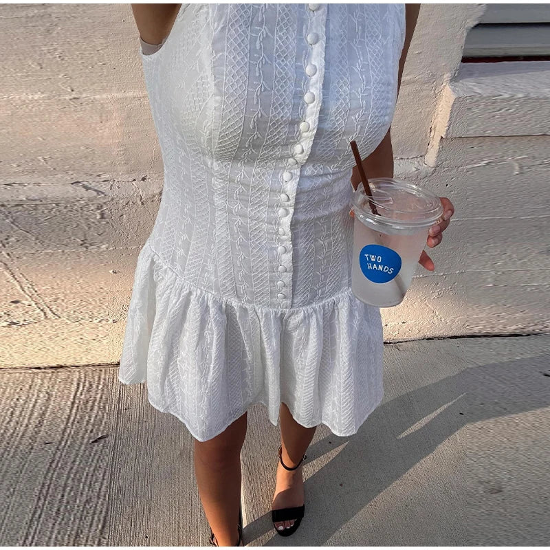 LIZAKOSHT  -  Fashion Print Short Dress For Women Square Collar Sleeveless Single Breasted Draped Vestidos 2025 Summer Female Beach Dresses