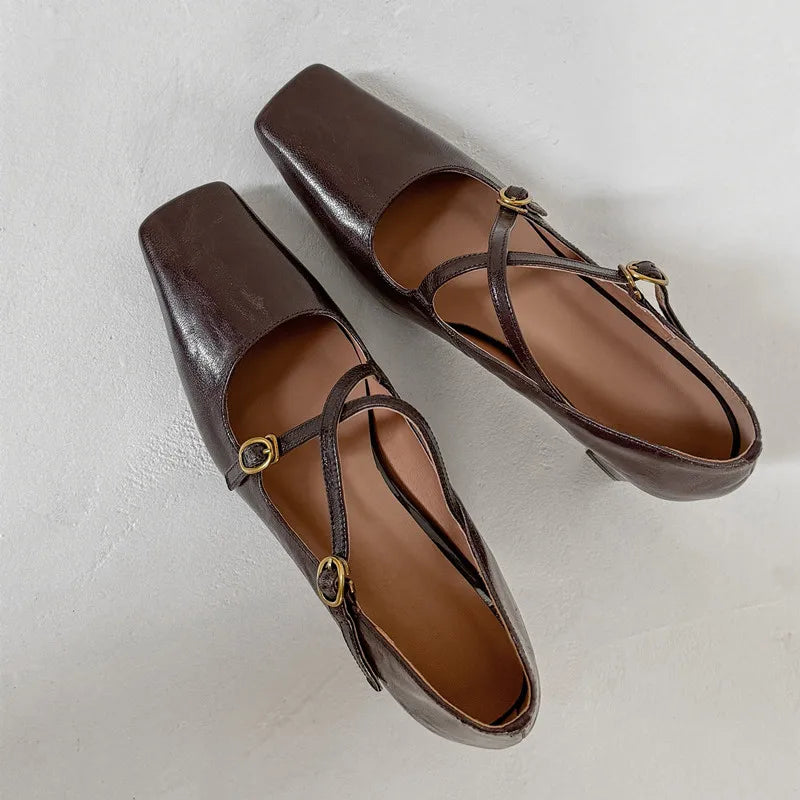 LIZAKOSHT  -  Fashion Pumps New High Quality Genuine Leather Square Head Cross Buckle High Heels Mary Janes Commuter Women's Shoes