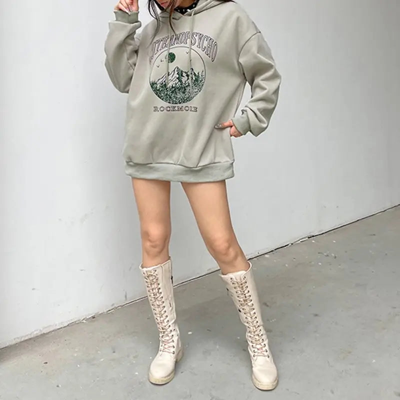 LIZAKOSHT  -  Hooded Printed Strappy Sweatshirt American Campus Style Women'S Pullover Outer Wear Loose Slimming Hot Girl Top