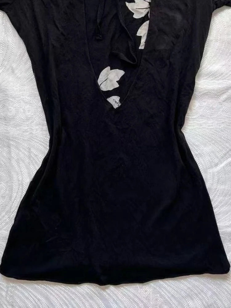 LIZAKOSHT  -  Y2k Aesthetic Vintage Flower Printing T-shirt 2025 Summer Backless Bandage Streetwear Tops Harajuku Sexy grunge Fairy Tshirts