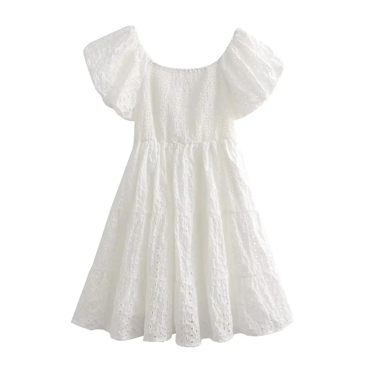 LIZAKOSHT  -  White Floral Embroidery Lace Mini Dresses for Women Off Shoulder Puff Sleeve Shirred Chest Short Dress Summer Boho Beach