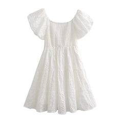 LIZAKOSHT  -  White Floral Embroidery Lace Mini Dresses for Women Off Shoulder Puff Sleeve Shirred Chest Short Dress Summer Boho Beach