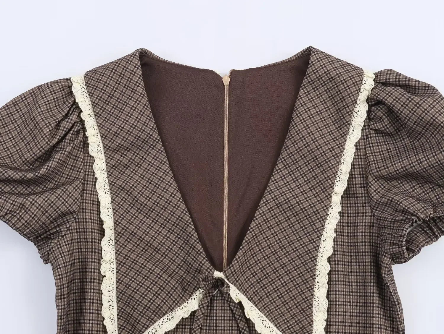 LIZAKOSHT  -  Plaid Waist Cinched Mini Dress Casual V-neck Short Sleeved Lace Up Slim Fit A-line Women Dresses Lady Daily Commute Vestido