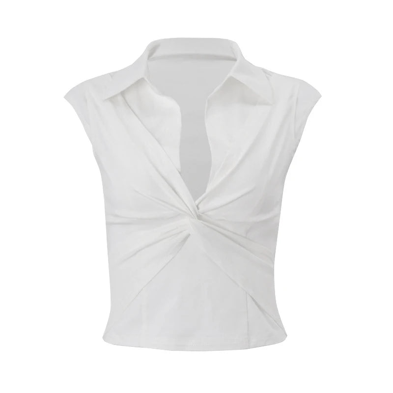 LIZAKOSHT  -  Vintage Sexy Polo Neck Twisted Ruched White Tees Casual Slim Fit Low-cut Neck Solid Cropped Tops Trend All-match Streetwear