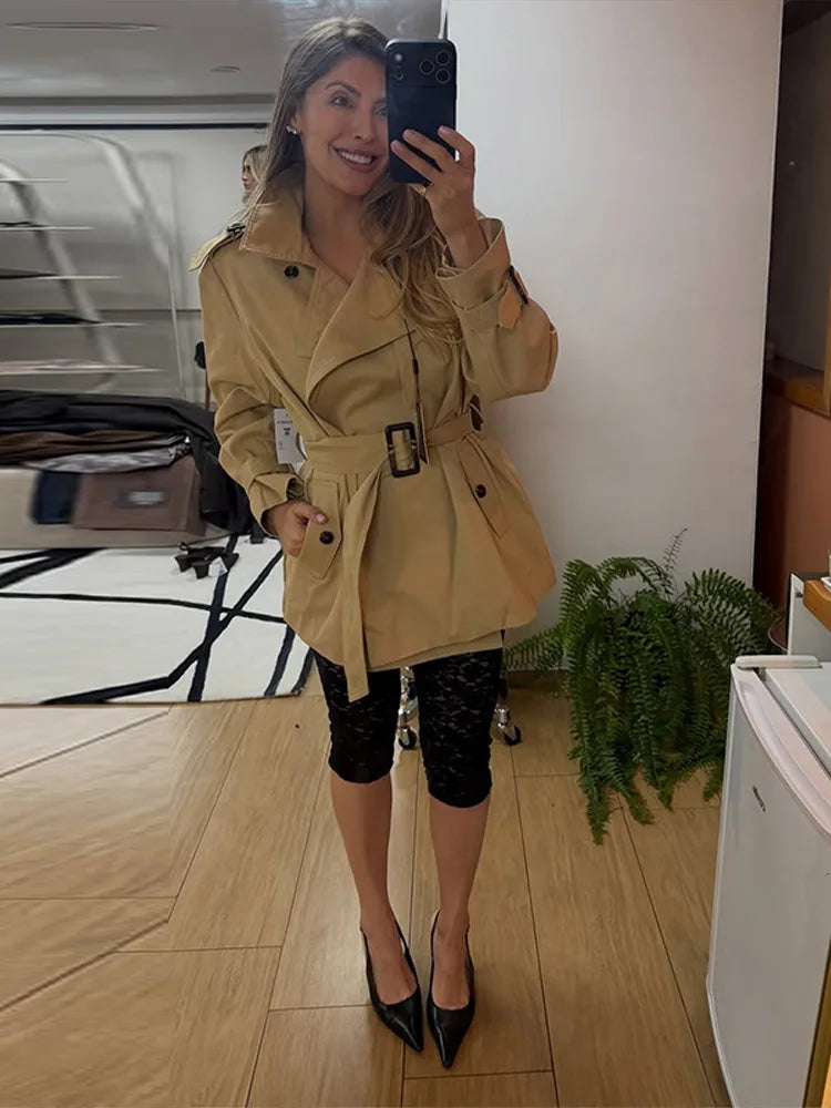 LIZAKOSHT  -  Fashion Women Windbreaker French Lapel Long Sleeve Belt Pocket Waist Cinching Long Coat Casual Early Autumn Street Wear