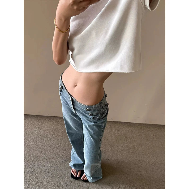 LIZAKOSHT  -  American High Street Washed Blue Personalized Loose Low Waist Button Design Women Jeans New Retro Loose Jeans