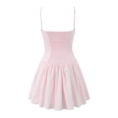LIZAKOSHT  -  Summer Women Pink Bow Ruched Chest Corset Style Sling Dress Front Buttons Pleated Low Waist Ball Gown Swing Short Dresses Robe