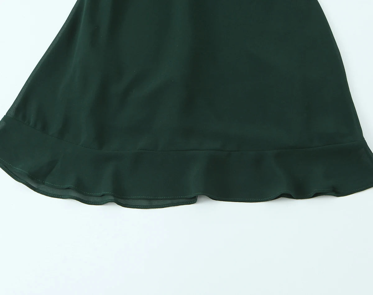 LIZAKOSHT  -  French Style Retro Dark Green V neck Corset Style Sling Dress Women Elastic Back Ruffles Hem Short Dresses Summer Robe Vestidos