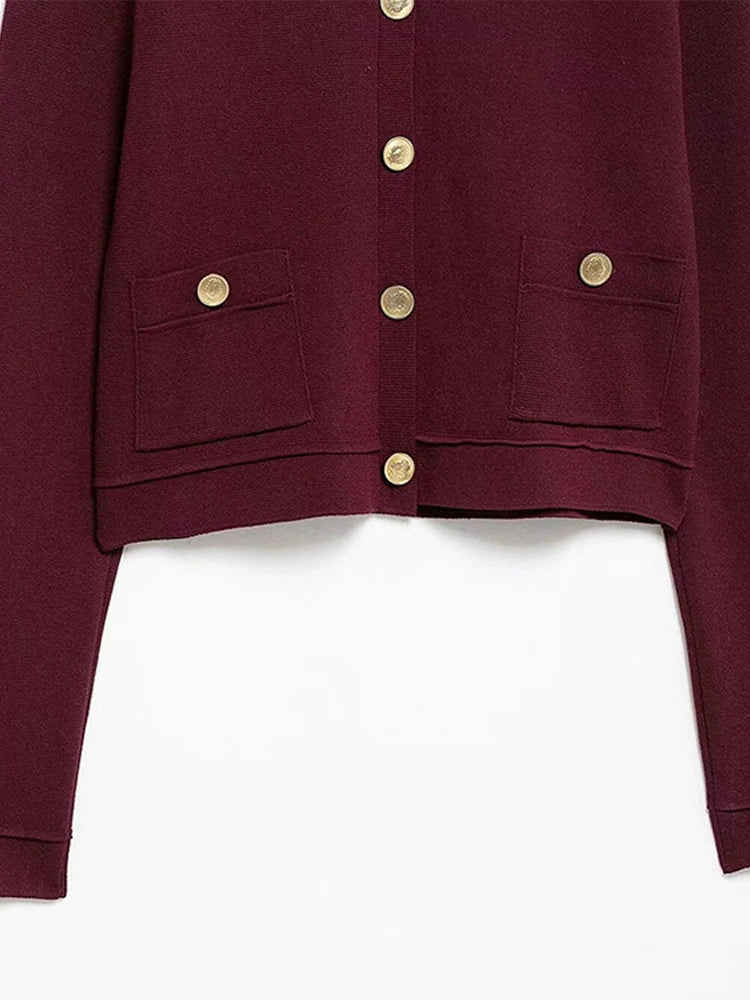 LIZAKOSHT  -  Gold Single Breasted Sweater Knitted Shirt Top Short Skirt Set Women Lapel Double Pockets Knitwear Slim Fit Coat Pleated Skirts