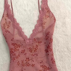 LIZAKOSHT  -  Perspective Sexy Mesh V-Neck Suspender Top Flower Spice Sleeveless Slim Fit Lace Dew Bottom Outer Vest