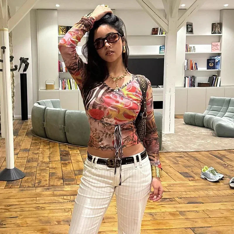LIZAKOSHT  -  Y2k Sexy Women Printed Mesh Shirts Tops Long Sleeve Low-cut Slim Crop Shirts Party Lady Cross Bandage Lace-up T-shirt Summer