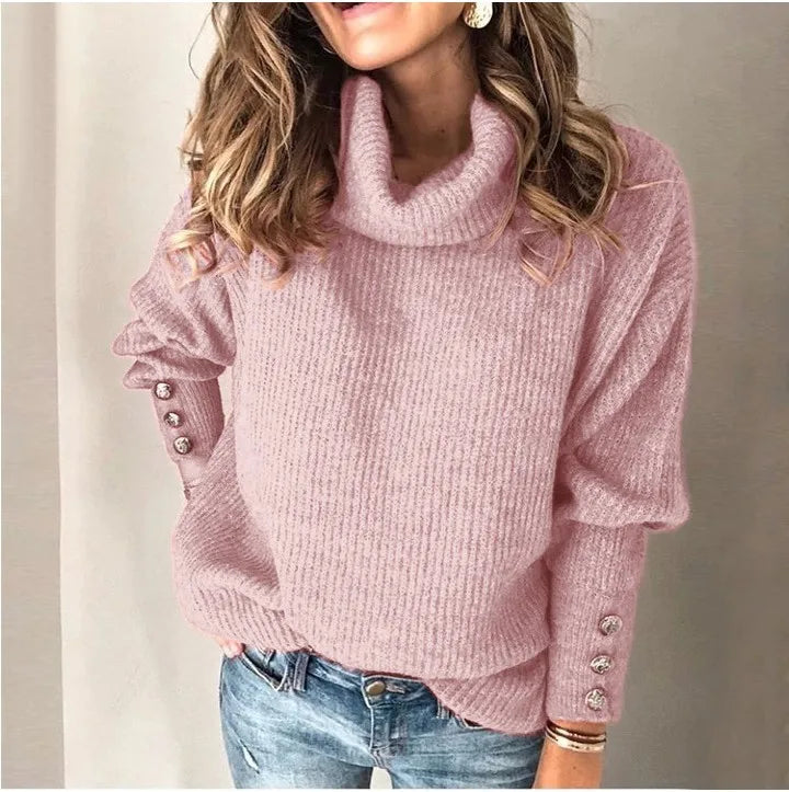 LIZAKOSHT  -  Solid Color Fashion Autumn Winter Women's New Button Hoodie High Collar Knitted Shirt Casual Comfortable Long Sleeve Top