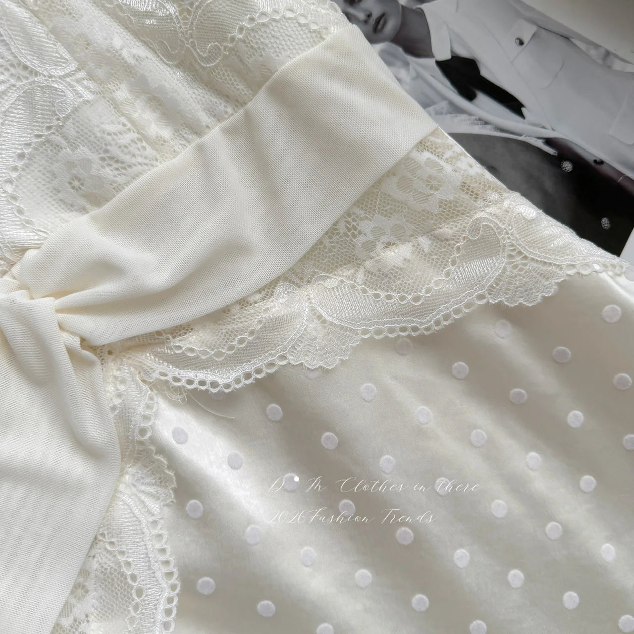 LIZAKOSHT  -  French Vintage Cream White Satin Polka Dot Lace Ruffle Cap Sleeves V Neck Waist Cinched Maxi Dress Women Girls Daily Party Wear