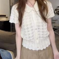 LIZAKOSHT  -  French Style Ice Silk Knitted Short Sleeve T-Shirt Cardigan Turn Down Collar Summer New Women's Loose Soft Breathable Clothing