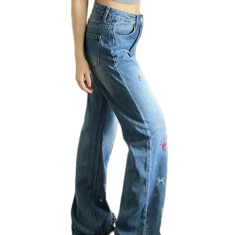 LIZAKOSHT  -  Jeans Puppy Embroidery High Waist Small Retro Design Women'S Summer Straight Slim Loose Wide Leg Pants Trendy