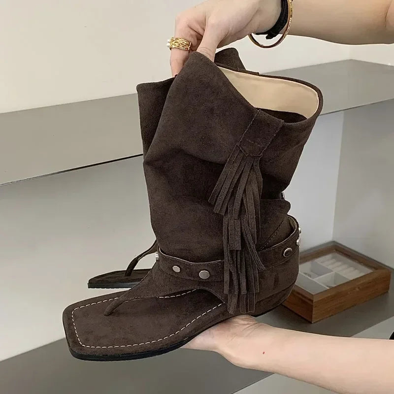LIZAKOSHT  -  Fashion Vintage Comfortable Low Heels Tassel Rivet Square Clip Toe Women Ankle Boots Sandals Casual Banquet Shoes