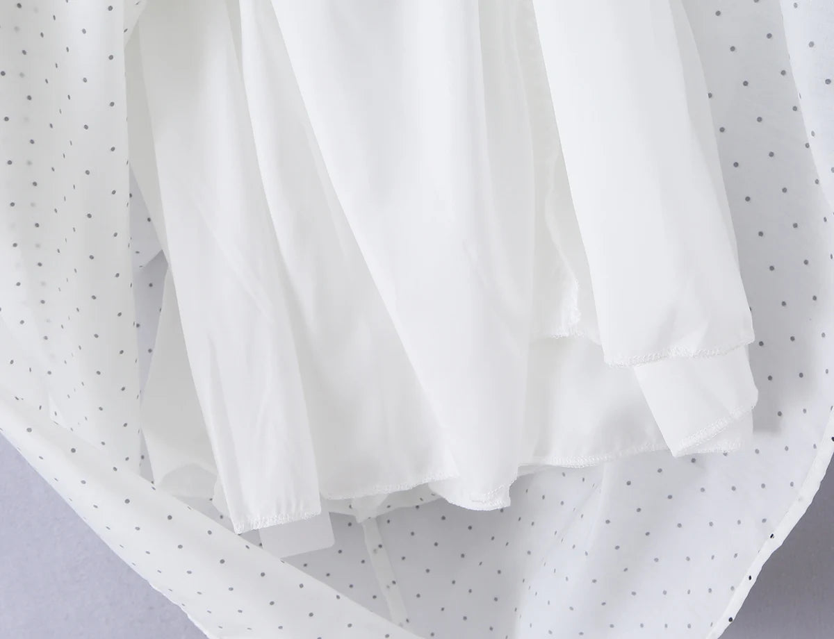 LIZAKOSHT  -  Dot Print Wood ears Ruched Chest Bow U collar Puff Sleeve Dress Elastic High Waist Pleated Swing Midi Dresses Holiday Robe