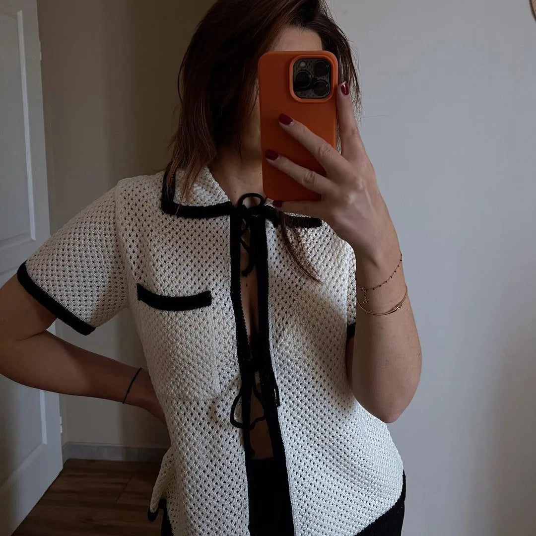 LIZAKOSHT  -  Women Basic Knit Tops Casual Tie Front Cardigan Contrast Color Summer Short Sleeve T-Shirts Streetwear Aesthetic Clothes