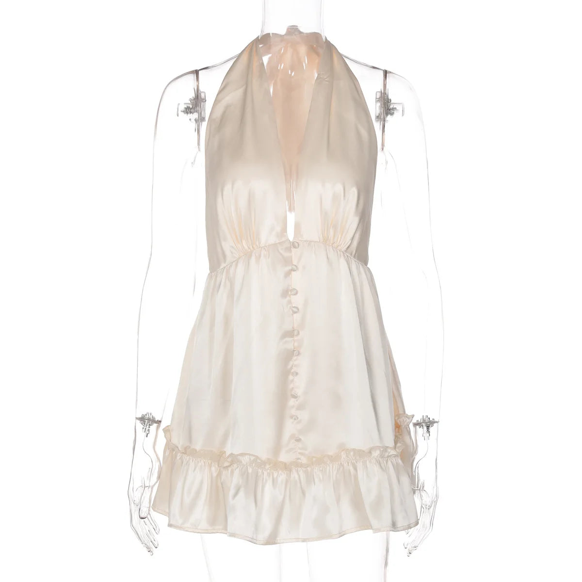 LIZAKOSHT  -  Sexy Deep V-neck Backless Champagne Party Club Dresses Women Halter Bandage Sleeveless Tunics Buttons Short Evening Dress