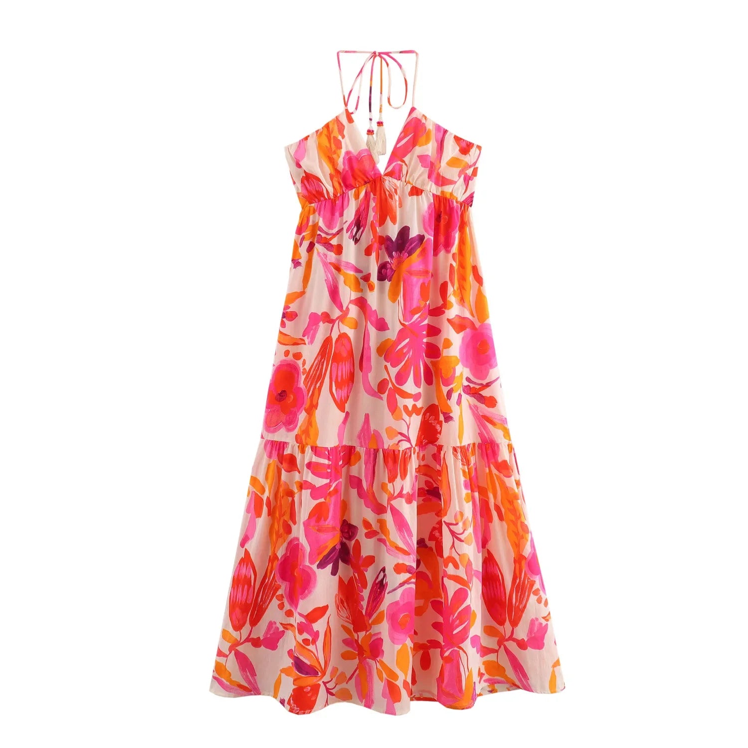 LIZAKOSHT  -  Holiday Vintage Beach Dress  Fashion Women Printed Tie-Up Waist Slim Dress Women Backless Long Dress Vestidos Summer New