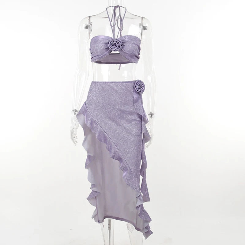 LIZAKOSHT  -  2 Piece Set y2k Summer Outfits Women Strapless 3D Rosette Halter Tops + Asymmetrical Ruffle Hem Skirt Party Clubwear