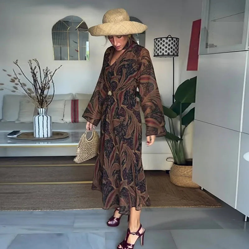 LIZAKOSHT  -  Fashion Boho Floral Print Maxi Dress For Women Elegant V-neck Long Sleeve A-line Dress With Scarf Lady Spring Chic Robes