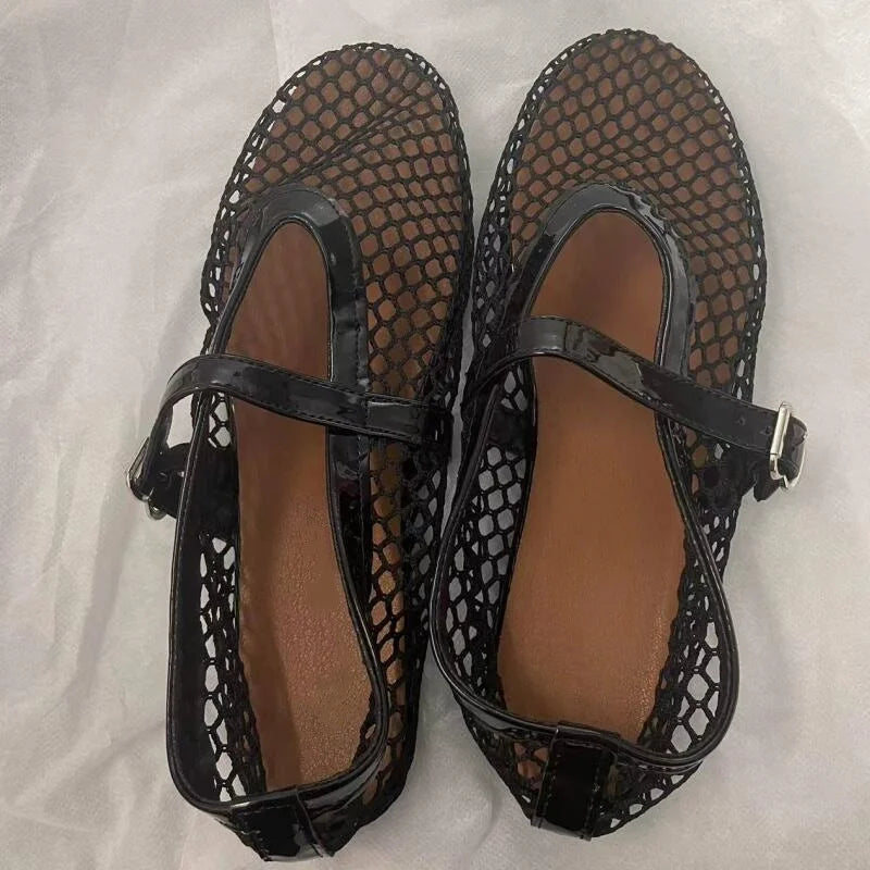 LIZAKOSHT  -  Summer Fashion Designer Rhinestones Round Toe Mary Janes Women Flat Mesh Sandals Buckle Strap Comfortable Outdoor Dress Shoes