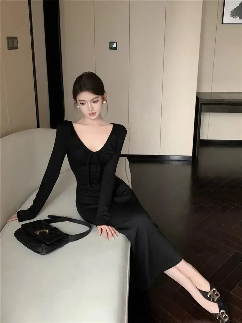 LIZAKOSHT  -  V-neck Lotus Leaf Dress Women's Strappy Waist Long-sleeved Gentle Style A-line Long Skirt