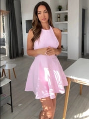 LIZAKOSHT  -  Sexy Solid Halter Backless Short Dresses Women Fashion Sleeveless High Waist Slim Mini Dress Female Summer Chic Casual Robes