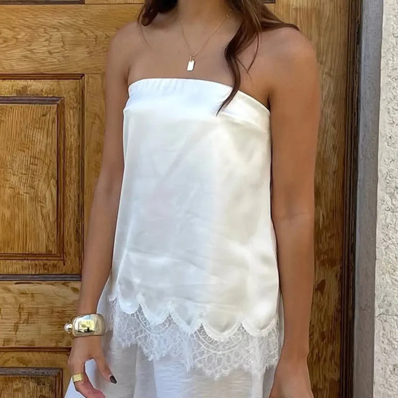LIZAKOSHT  -  Sexy Strapless Satin Vest Irregular Lace Women's Top Summer Solid Color Loose Comfortable Lazy Daily Leisure Commuting White Top