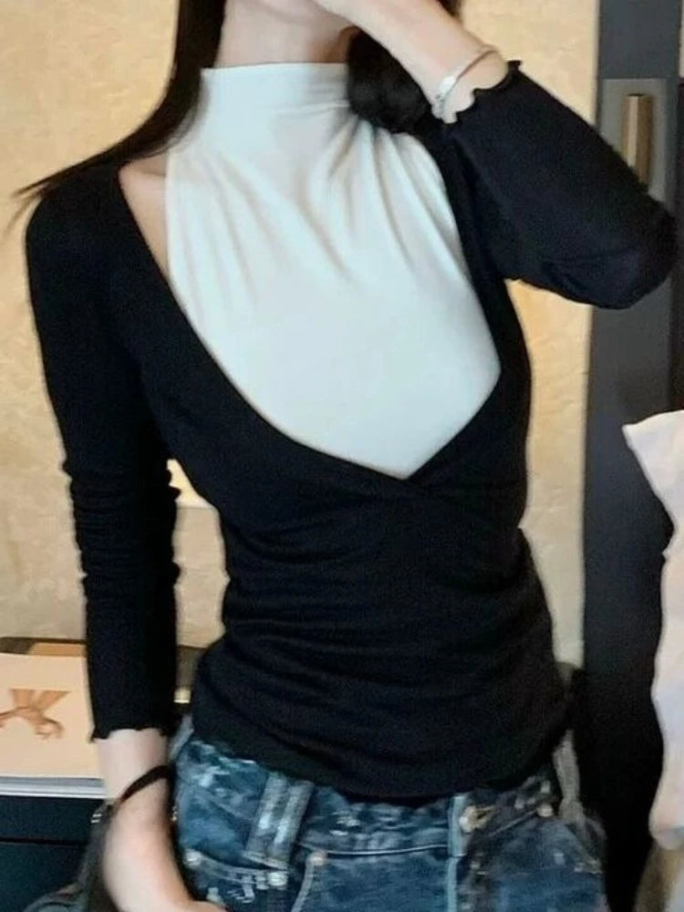 LIZAKOSHT  -  Y2k Aesthetic Two-piece Set Sexy A Deep V-Neck Slim Fit T-shirt + Half High Sleeveless Vest Autumn Vintage Grunge Suit