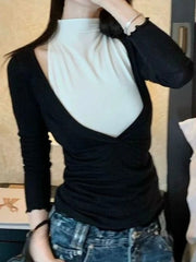 LIZAKOSHT  -  Y2k Aesthetic Two-piece Set Sexy A Deep V-Neck Slim Fit T-shirt + Half High Sleeveless Vest Autumn Vintage Grunge Suit