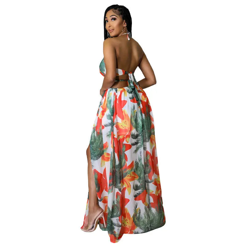 LIZAKOSHT  -  Women's Floral Print Chain Decor Split Thigh Tie Back Cami Dress, Summer Dresses, Casual Ring Linked Halter Backless Maxi Dress For Beach Holiday Vacation, Dresses for Women, Ladies Summer Clothes