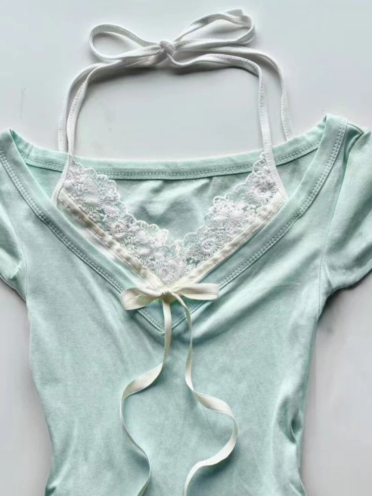 LIZAKOSHT  -  Y2k Aesthetic Fake Two Pieces Halter Bandage T-shirts Summer Women Lace Patchwork Crop Tees Streetwear Grunge Bow Bodycon Tops