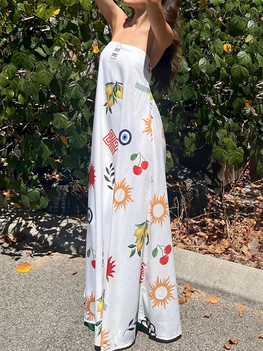 LIZAKOSHT  -  Women Graphic Strapless Long Tube Dress Vintage Off Shoulder Backless Maxi Dress Flowy Summer Holiday Beach A-line Dress