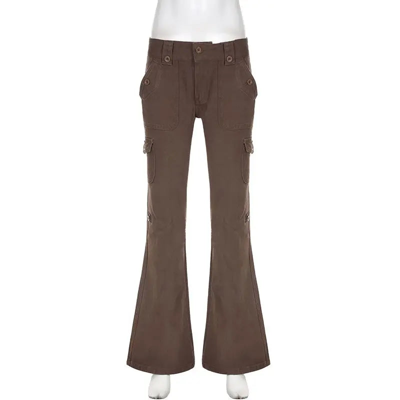 LIZAKOSHT  -  Flare Jeans Button Ribbon Low Rise Brown For Women Streetwear Y2K Aesthetic Cargo Jean Pants Vintage Denim Trousers