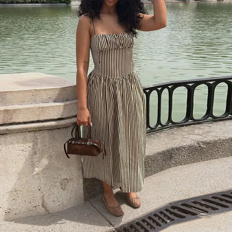 LIZAKOSHT  -  Striped Spaghetti Strap Drop Waist Midi Dress Sleeveless Bustier Summer Casual Women Vestido Chic Fashion Lady Vestido