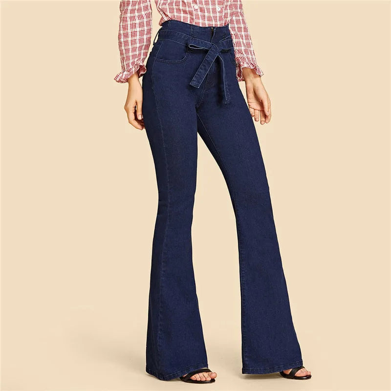 LIZAKOSHT  -  Blue Tie Waist Flare Jeans Women Slim Denim Trousers Vintage Clothes spring High  Pants Belted Stretchy Wide Leg