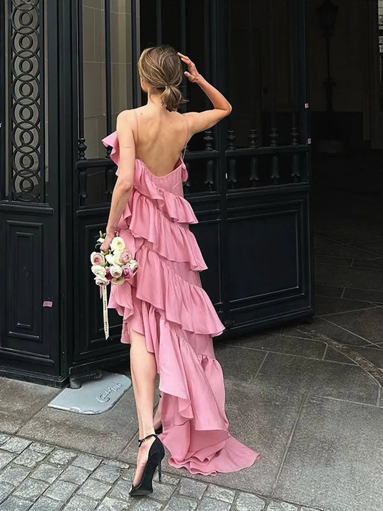 LIZAKOSHT  -  Solid Color Ruffle Camisole Long Dress Woman V Collar Irregular Backless Maxi Dress Lady New Design Street Party Vestidos