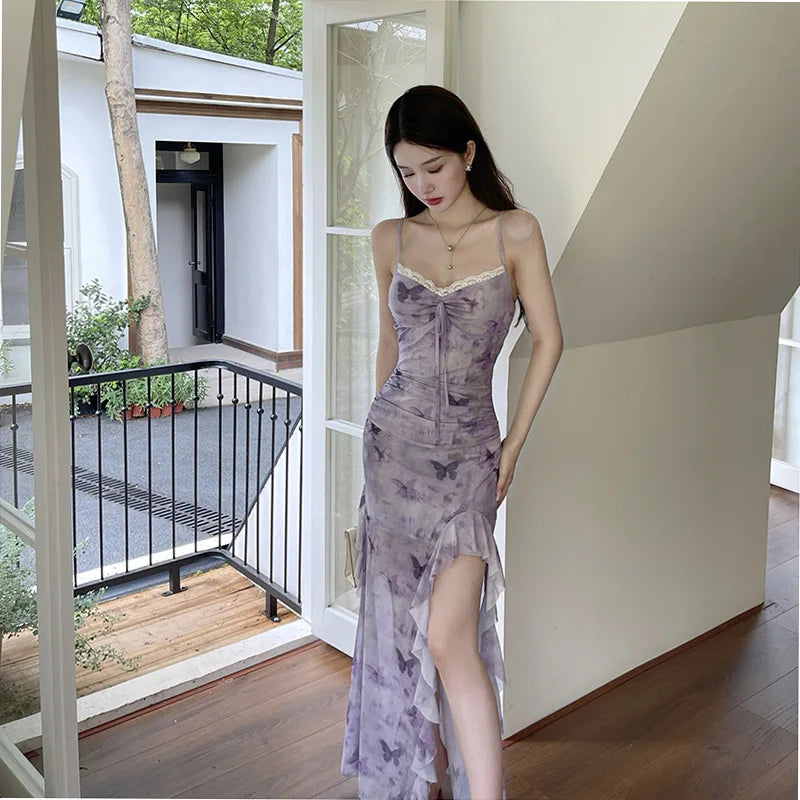 LIZAKOSHT  -  Printed Camisole Dress for Women Resort-style Butterfly Print Dress with Ruffled Hem