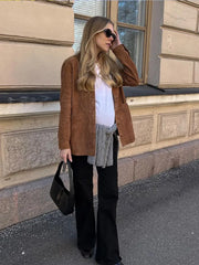 LIZAKOSHT  -  Solid Women Suede Coats Turn-down Collar Single Breasted Pocket Loose Female Jackets 2024 Autumn Winter New Fashion Lady Coats