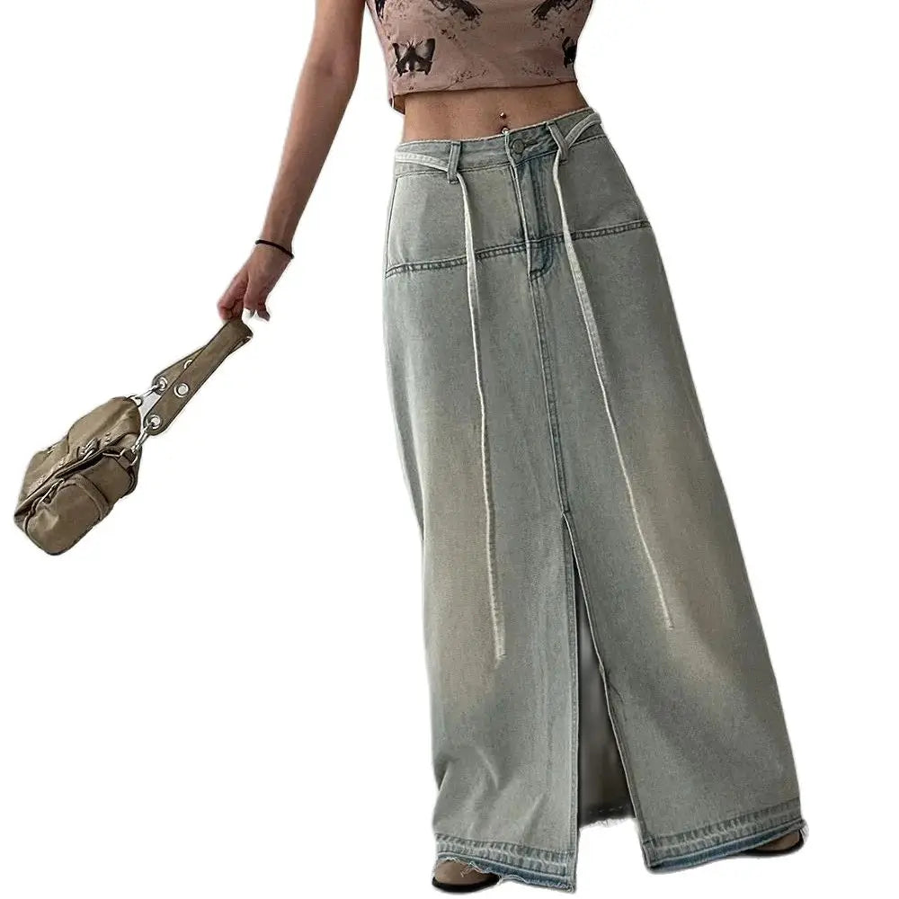 LIZAKOSHT  -  Denim Long Skirts Slit Lace Up High Waist Women Vintage Elegant Sexy Summer Streetwear Classic Y2k Girls Fashion European Style