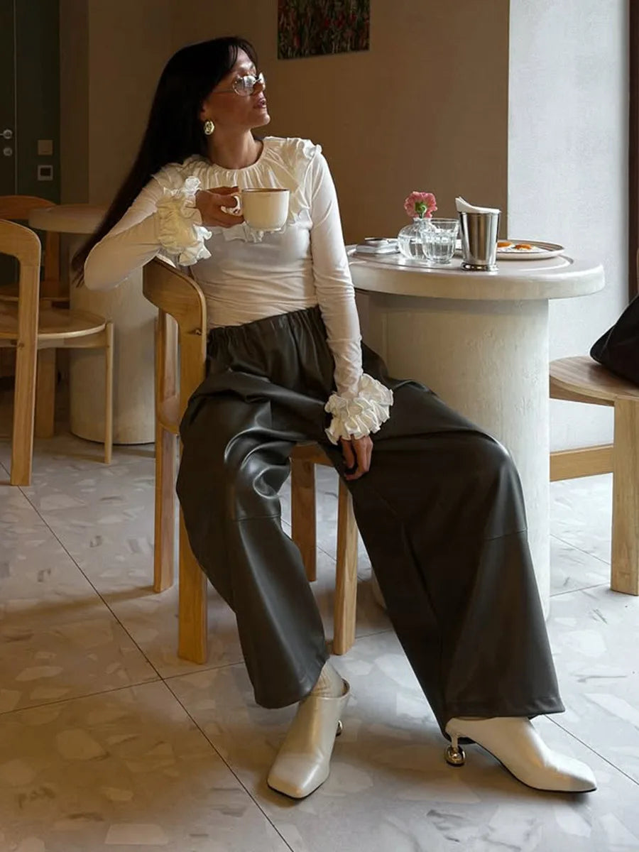 LIZAKOSHT  -  Womens Autumn Winter PU Lantern Pants Elegant Lazy Drawstring Casual Army Green Wide Leg Leather Pants