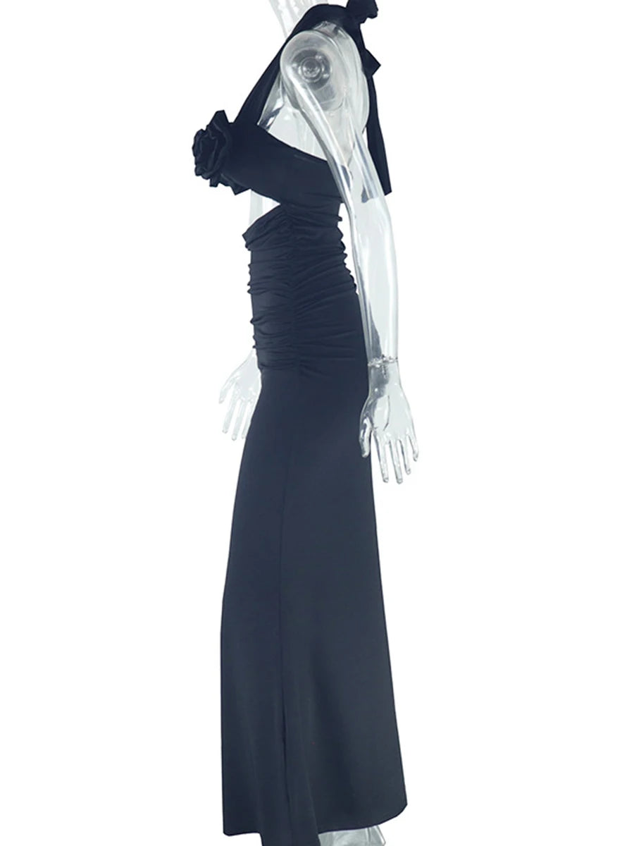 LIZAKOSHT  -  Solid Spliced Appliques Slimming Backless Dresses for Women Halter Sleeveless High Waist Temperament Dress Female Fashion
