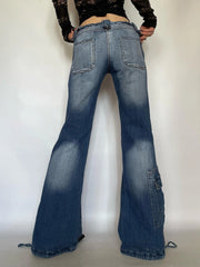 LIZAKOSHT  -  Vintage Blue Wash Loose Straight Flare Jeans Korean Chic Pockets Slim Denim Y2k Streetwear Low Waist Trousers All-match