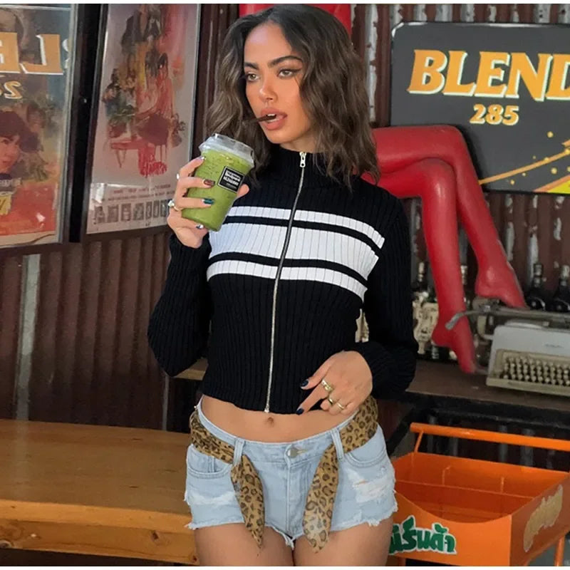 LIZAKOSHT  -  Casual Slim Contrast Knit Cardigan Women Chic Full Sleeve Stand Collar Zipper Short Sweaters Female 2026 Spring Lady Outwears
