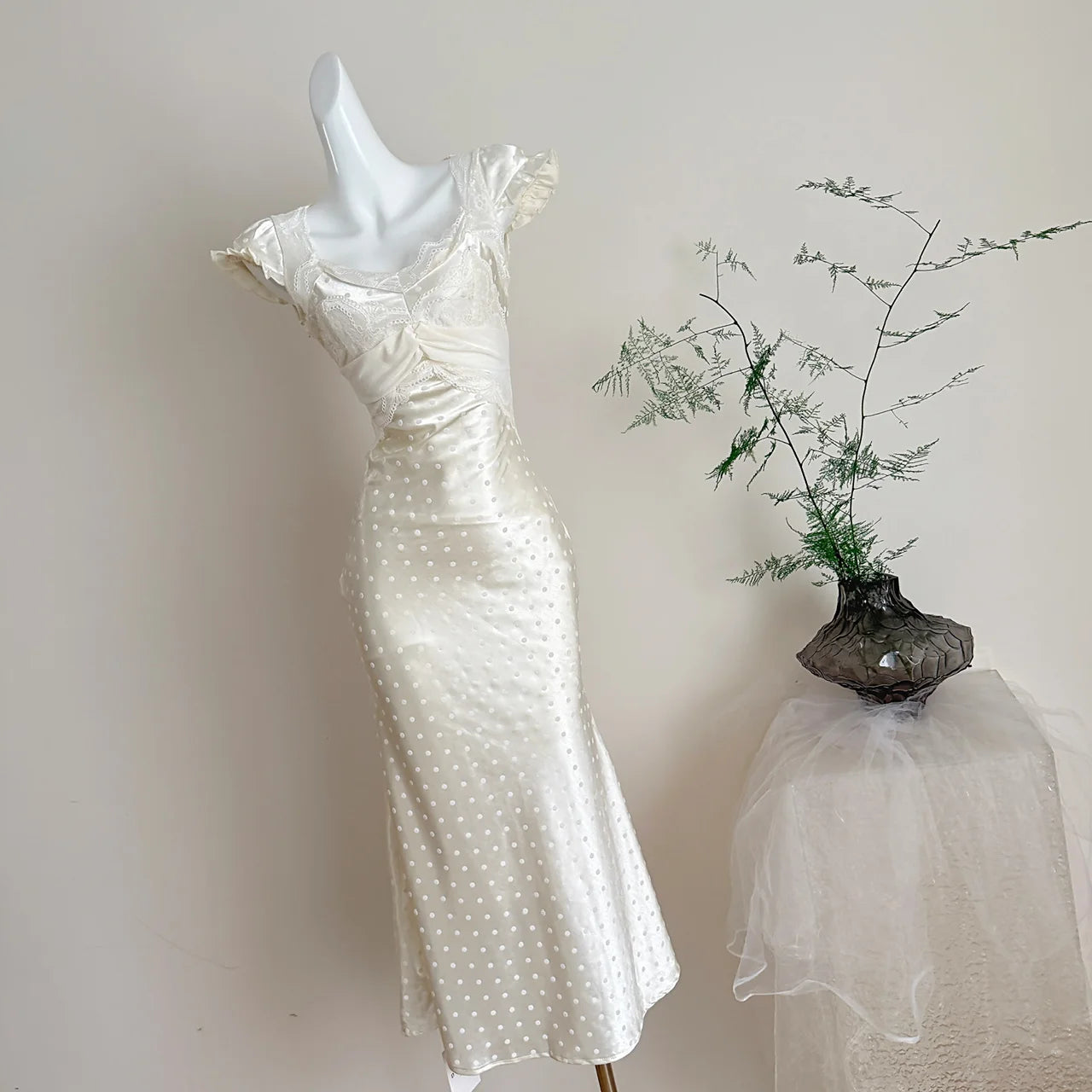 LIZAKOSHT  -  French Vintage Cream White Satin Polka Dot Lace Ruffle Cap Sleeves V Neck Waist Cinched Maxi Dress Women Girls Daily Party Wear