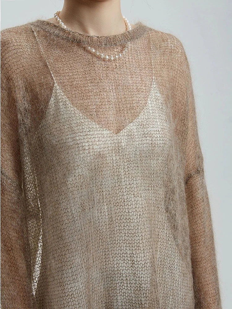 LIZAKOSHT  -  Hollow Out Pullovers Women Loose O-neck Long Sleeve Knit Sweaters Female 2025 Spring Shinny Chic Evening Shirts Lady