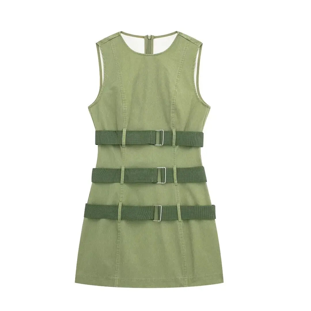 LIZAKOSHT  -  Europe and America Wind Spring New Round Neck Leisure Green Fashion with Belt Sleeveless Tooling Vest Skirt Dress